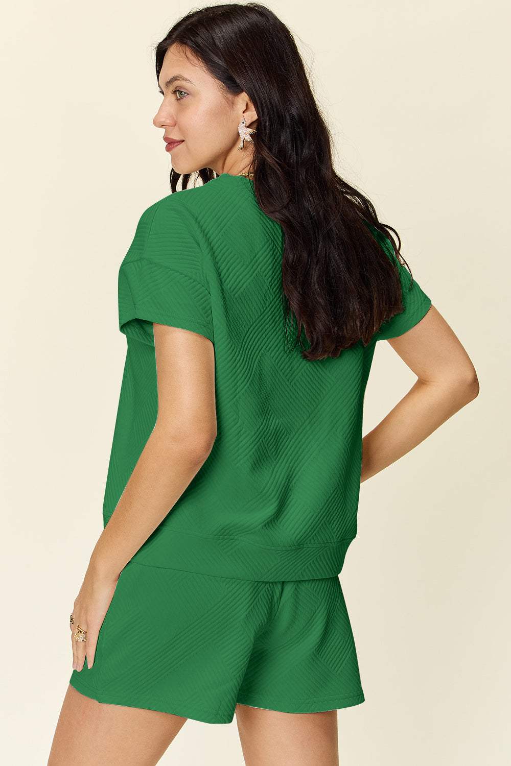 Double Take Full Size Texture Short Sleeve T-Shirt and Drawstring Shorts Set - Trendsi - Flyclothing LLC