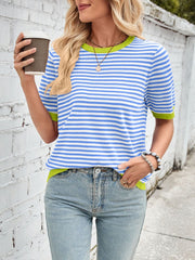 Lovelet Striped Contrast Round Neck Half Sleeve Knit Top - Trendsi