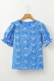 Eyelet Flower Embroidery Flounce Sleeve Blouse - Trendsi