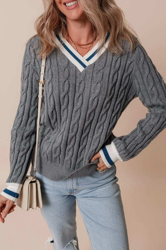 Cable-Knit V-Neck Long Sleeve Sweater - Trendsi - Flyclothing LLC