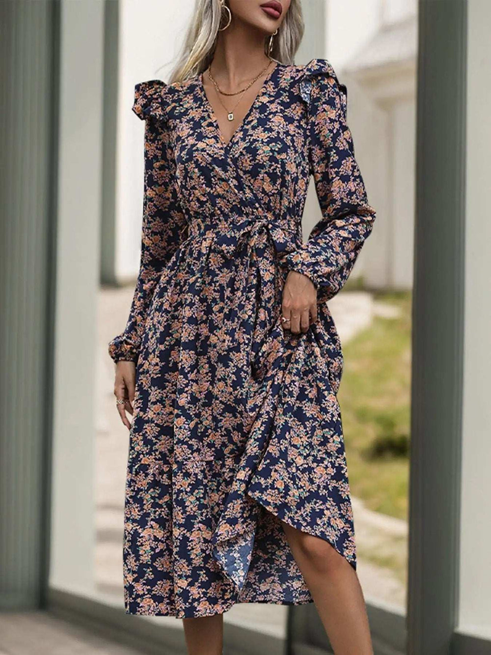 Printed Surplice Long Sleeve Midi Dress - Trendsi - Flyclothing LLC