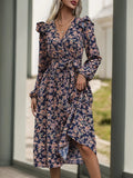 Printed Surplice Long Sleeve Midi Dress - Trendsi