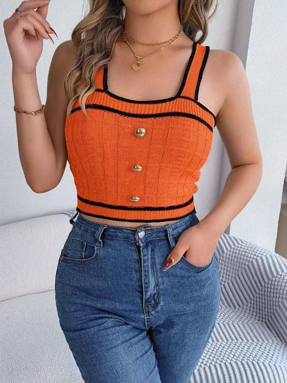 Decorative Button Wide Strap Knit Cami - Trendsi - Flyclothing LLC