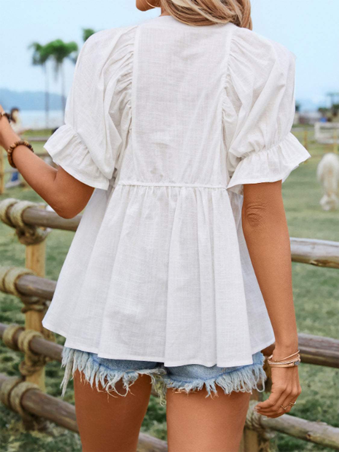 Peplum Round Neck Flounce Sleeve Blouse - Trendsi - Flyclothing LLC