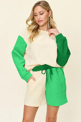 Double Take Full Size Contrast Drop Shoulder Top and Shorts Set - Trendsi - Flyclothing LLC