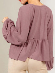 Notched Balloon Sleeve Peplum Blouse - Trendsi