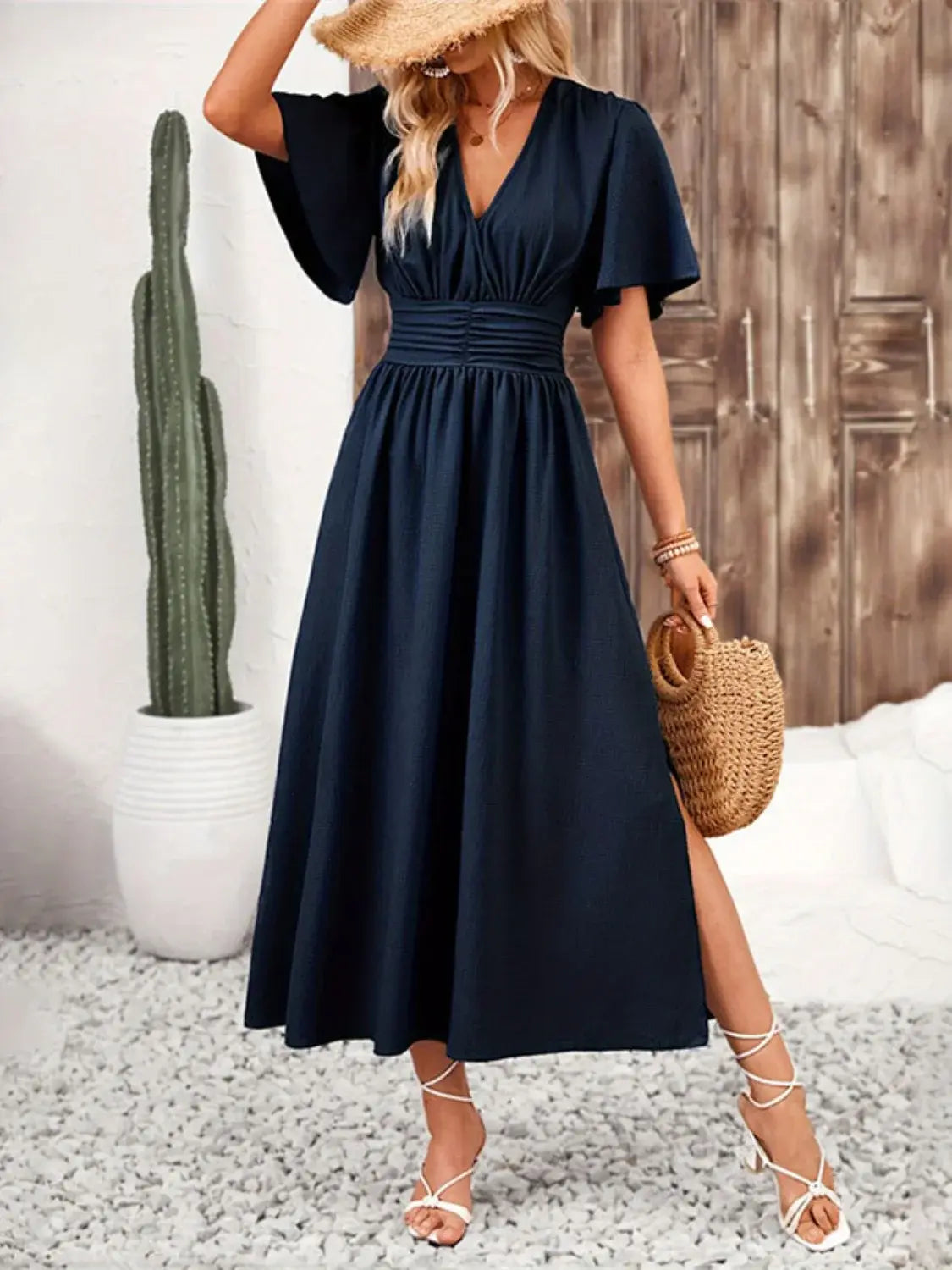 Side Slit Surplice Flutter Sleeve Midi Dress - Trendsi - Flyclothing LLC