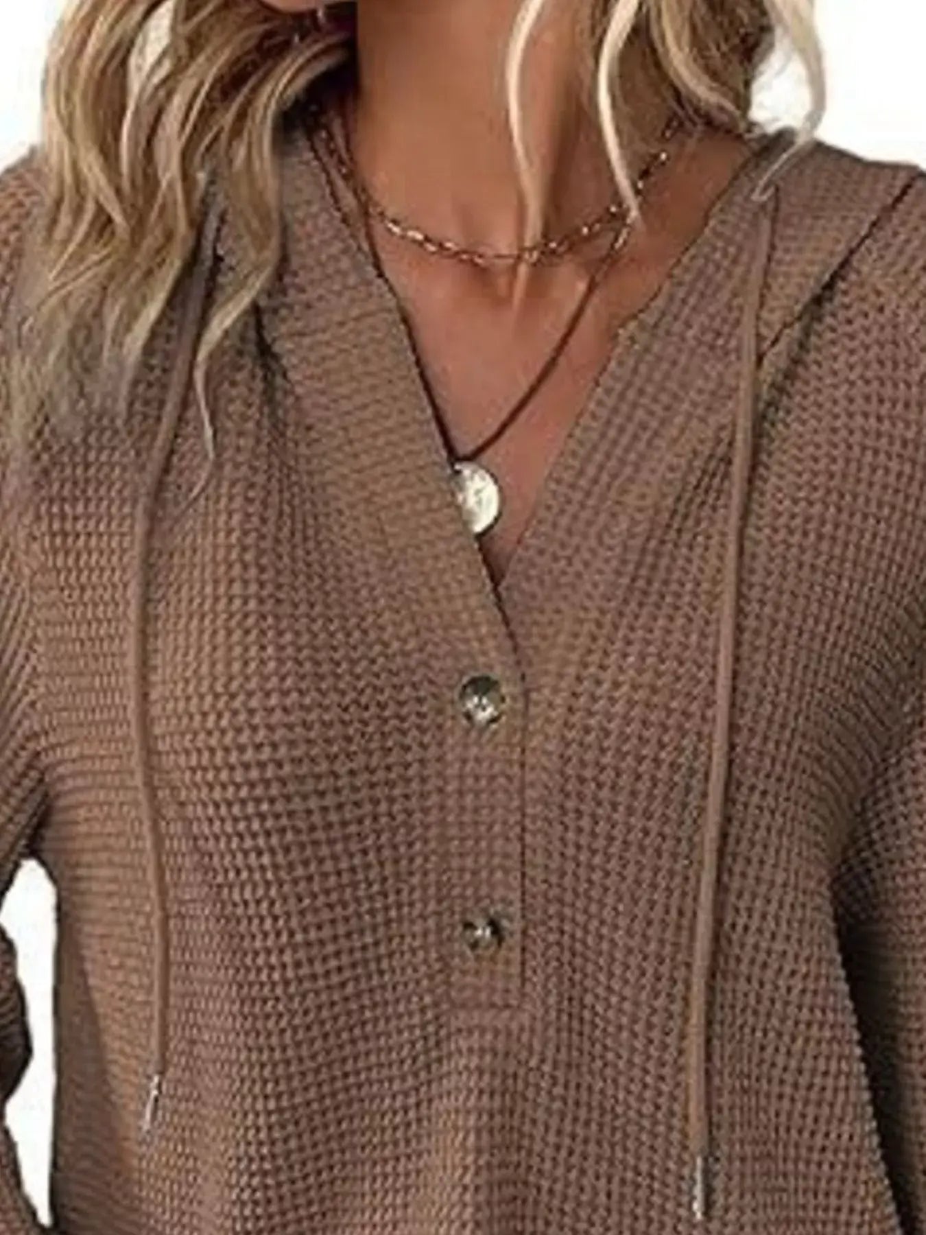 Full Size Button Detail Waffle Knit Hoodie Plus Size - Trendsi - Flyclothing LLC