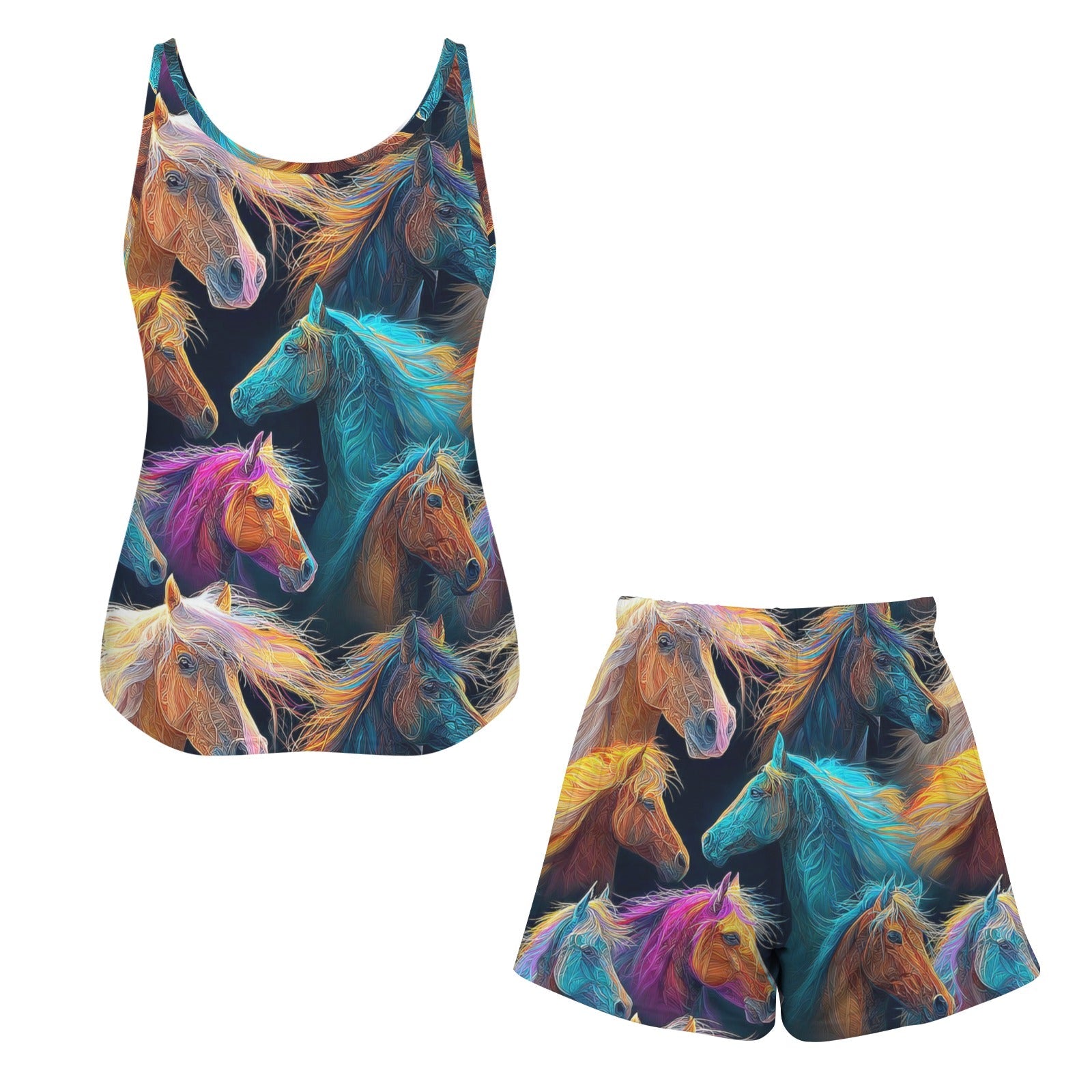 Baha Ranch Colorful Horses Pajama Lounge Tank Shorts Set Made in America