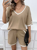Contrast Trim V-Neck Top and Shorts Set - Trendsi - Flyclothing LLC