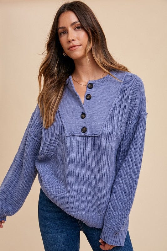 Annie Wear Half Button Ribbed Hem Sweater - Trendsi