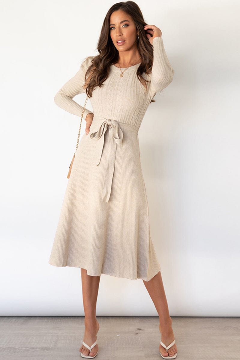 Round Neck Long Sleeve Tie Waist Sweater Dress - Trendsi