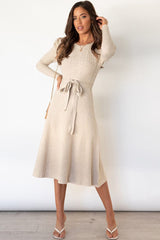 Round Neck Long Sleeve Tie Waist Sweater Dress - Trendsi
