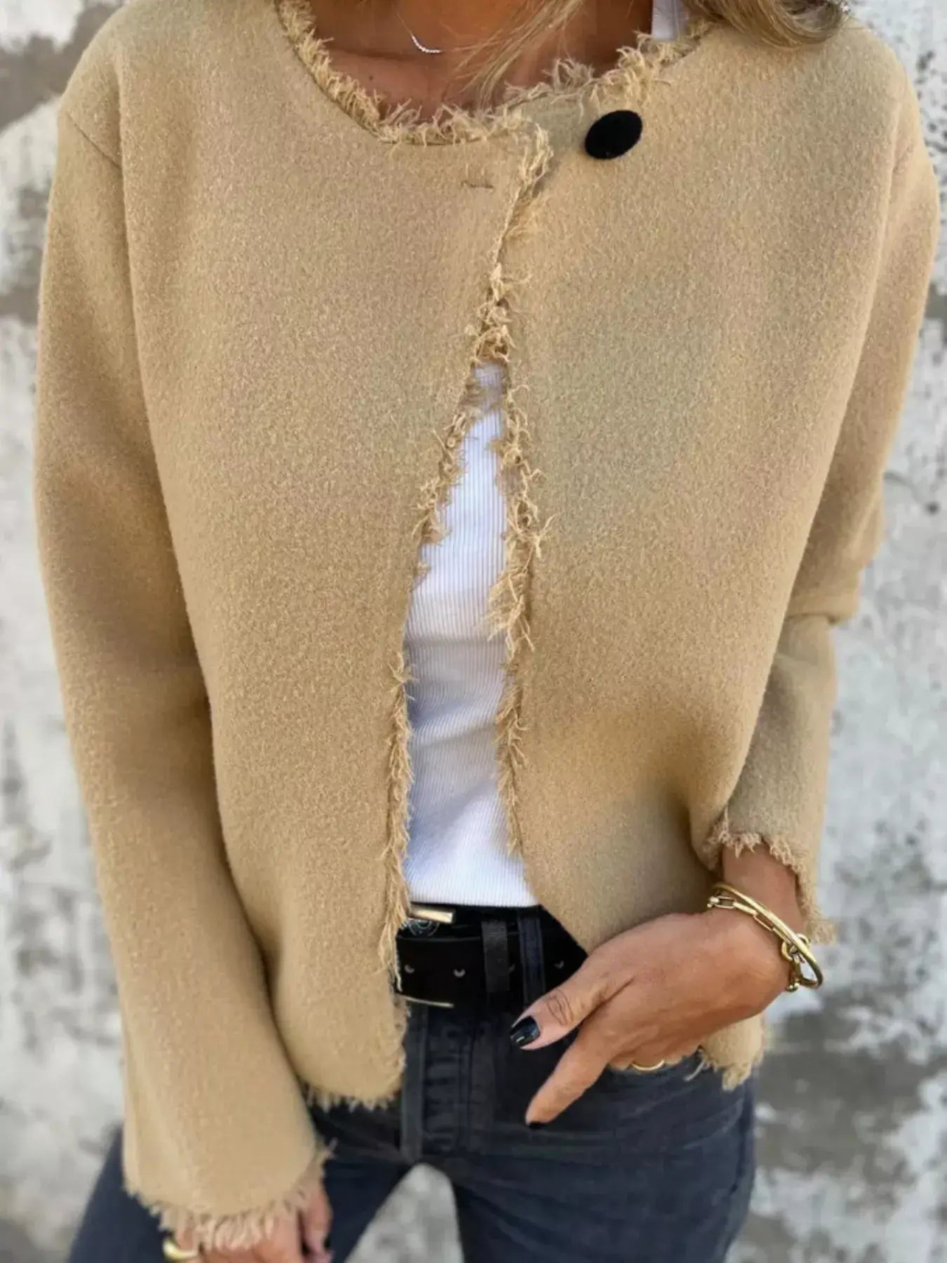 Full Size One Button Frayed Edge Cardigan Plus Size - Trendsi - Flyclothing LLC