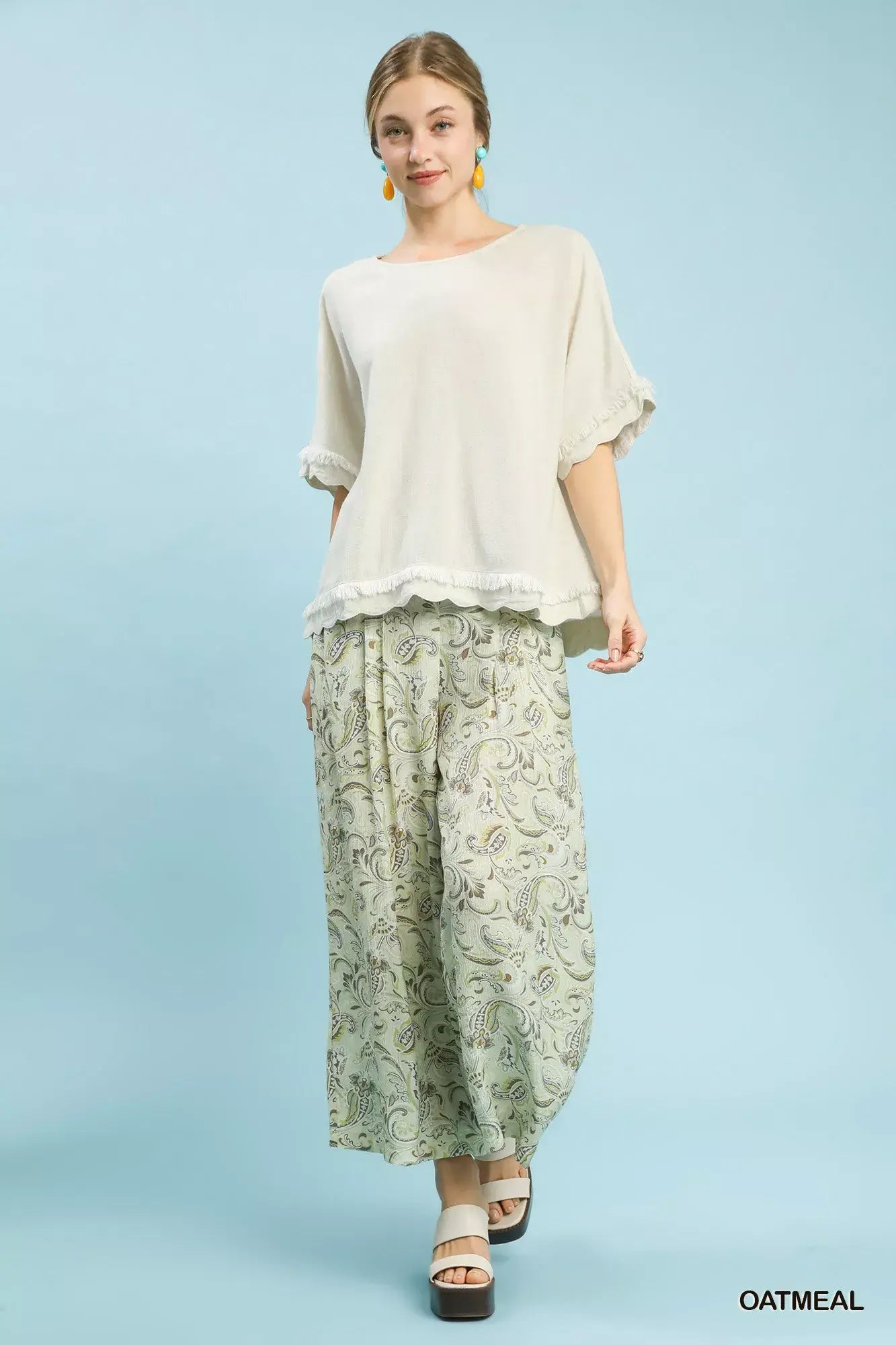 Umgee Linen Frayed Hem Scallop Edge Top - Trendsi - Flyclothing LLC