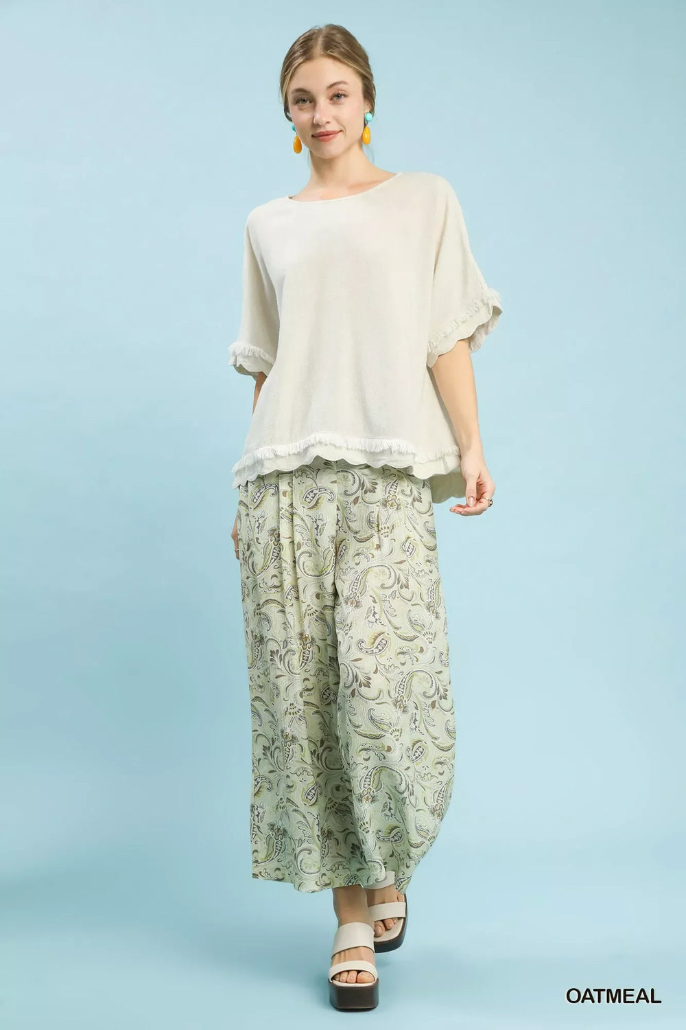 Umgee Linen Frayed Hem Scallop Edge Top - Trendsi - Flyclothing LLC