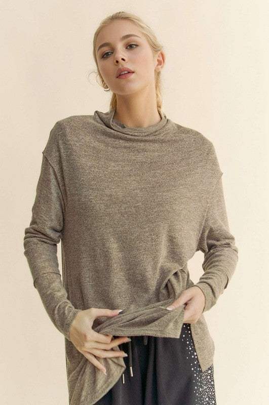 Davi & Dani Slit Mock Neck Long Sleeve Top - Trendsi - Flyclothing LLC
