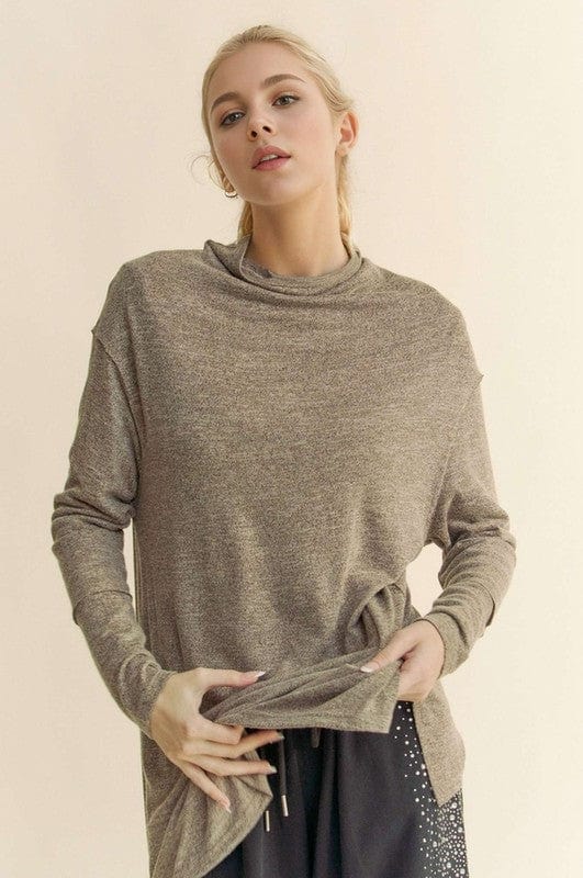 Davi & Dani Slit Mock Neck Long Sleeve Top - Trendsi
