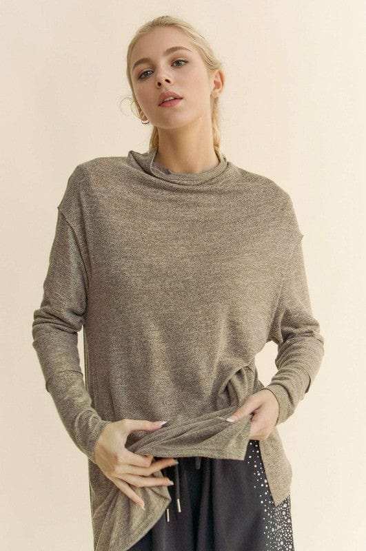 Davi & Dani Slit Mock Neck Long Sleeve Top - Trendsi - Flyclothing LLC