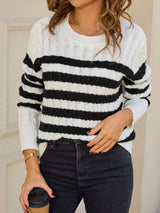 Striped Cable Knit Round Neck Sweater - Trendsi - Flyclothing LLC