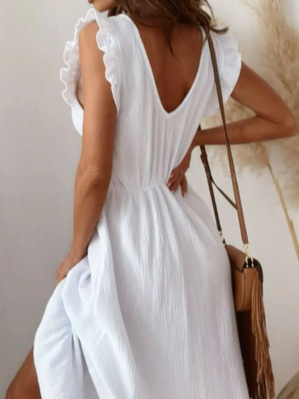 Ruffled V-Neck Cap Sleeve Maxi Dress - Trendsi - Flyclothing LLC