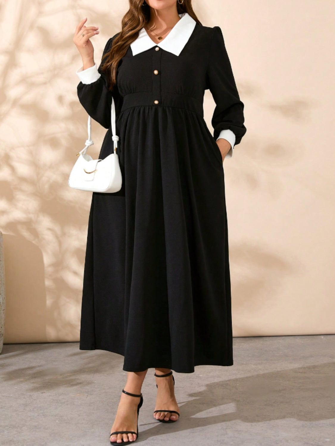 Plus Size Contrast Collared Neck Long Sleeve Midi Dress - Trendsi