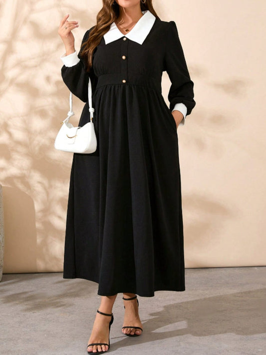 Plus Size Contrast Collared Neck Long Sleeve Midi Dress - Trendsi
