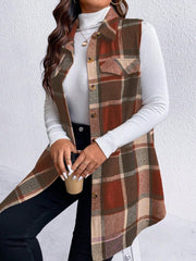 Honey Plus Size Pocketed Plaid Button Up Vest Coat - Trendsi