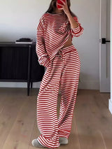 Striped Round Neck Top and Pants Set - Trendsi - Flyclothing LLC