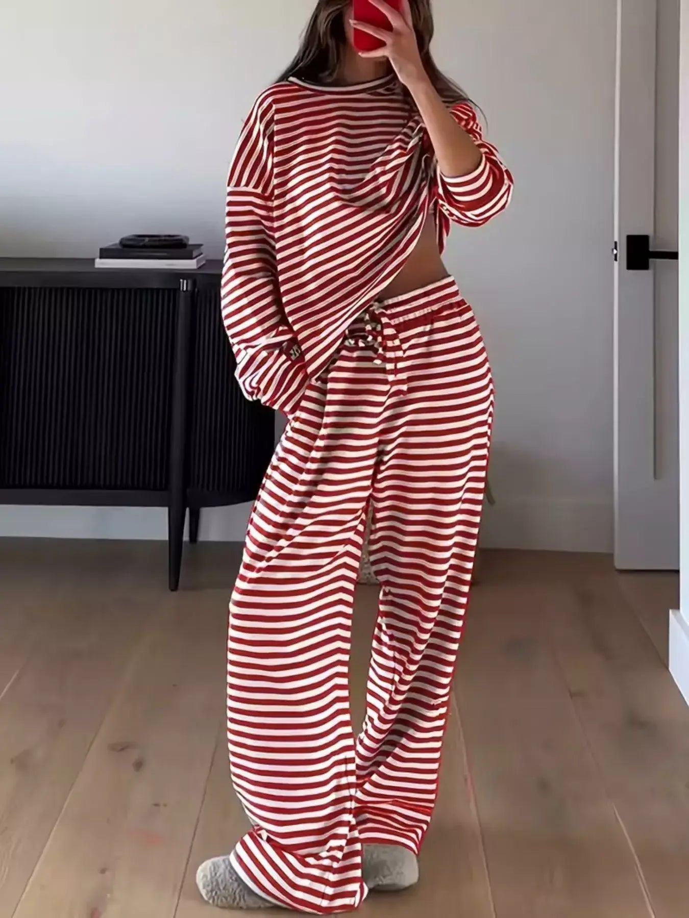 Striped Round Neck Top and Pants Set - Trendsi - Flyclothing LLC