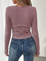 Striped Square Neck Long Sleeve T-Shirt - Trendsi - Flyclothing LLC