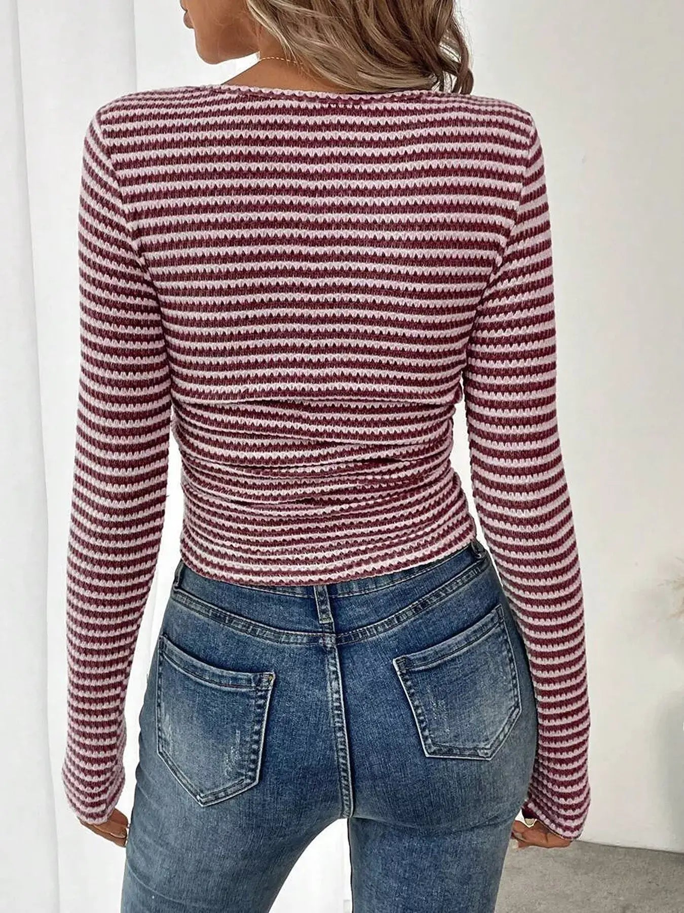 Striped Square Neck Long Sleeve T-Shirt - Trendsi - Flyclothing LLC
