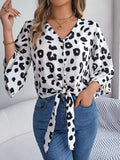 Tied Button Up Leopard V-Neck Blouse Trendsi