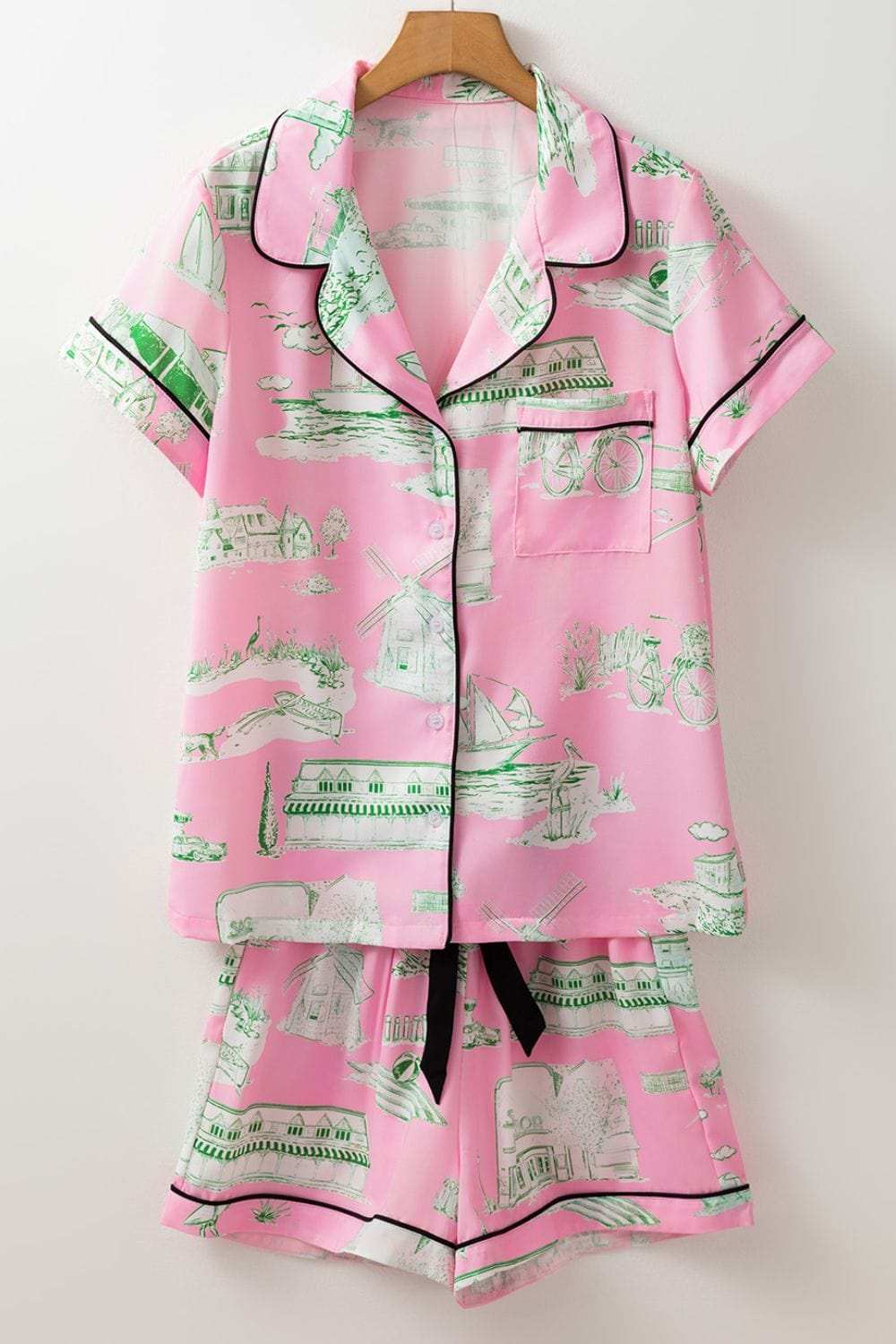 Collared Neck Printed Top and Drawstring Shorts Lounge Set - Trendsi - Flyclothing LLC