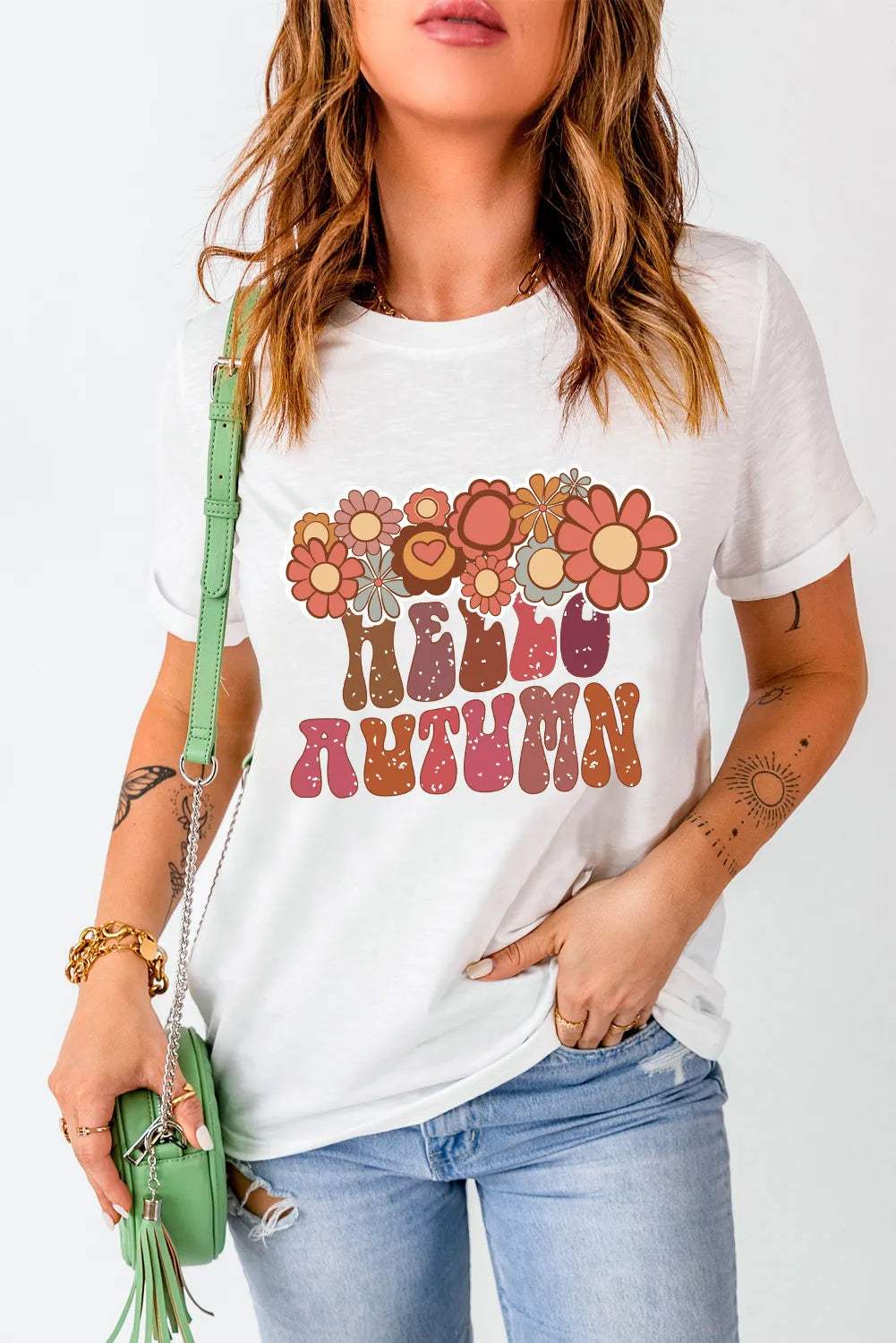 Flower & Letter Graphic Round Neck Short Sleeve T-Shirt - Trendsi - Flyclothing LLC