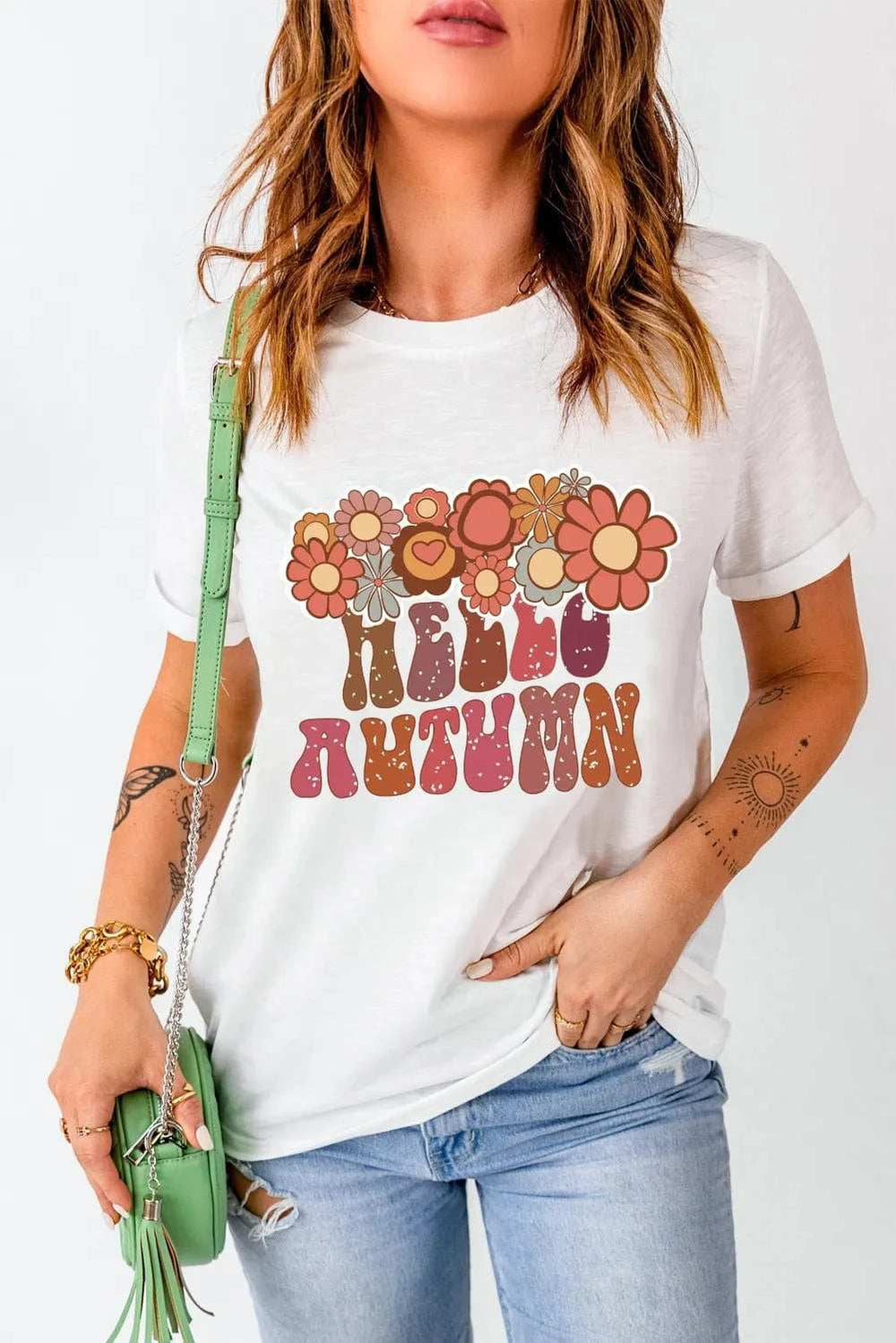 Flower & Letter Graphic Round Neck Short Sleeve T-Shirt - Trendsi - Flyclothing LLC