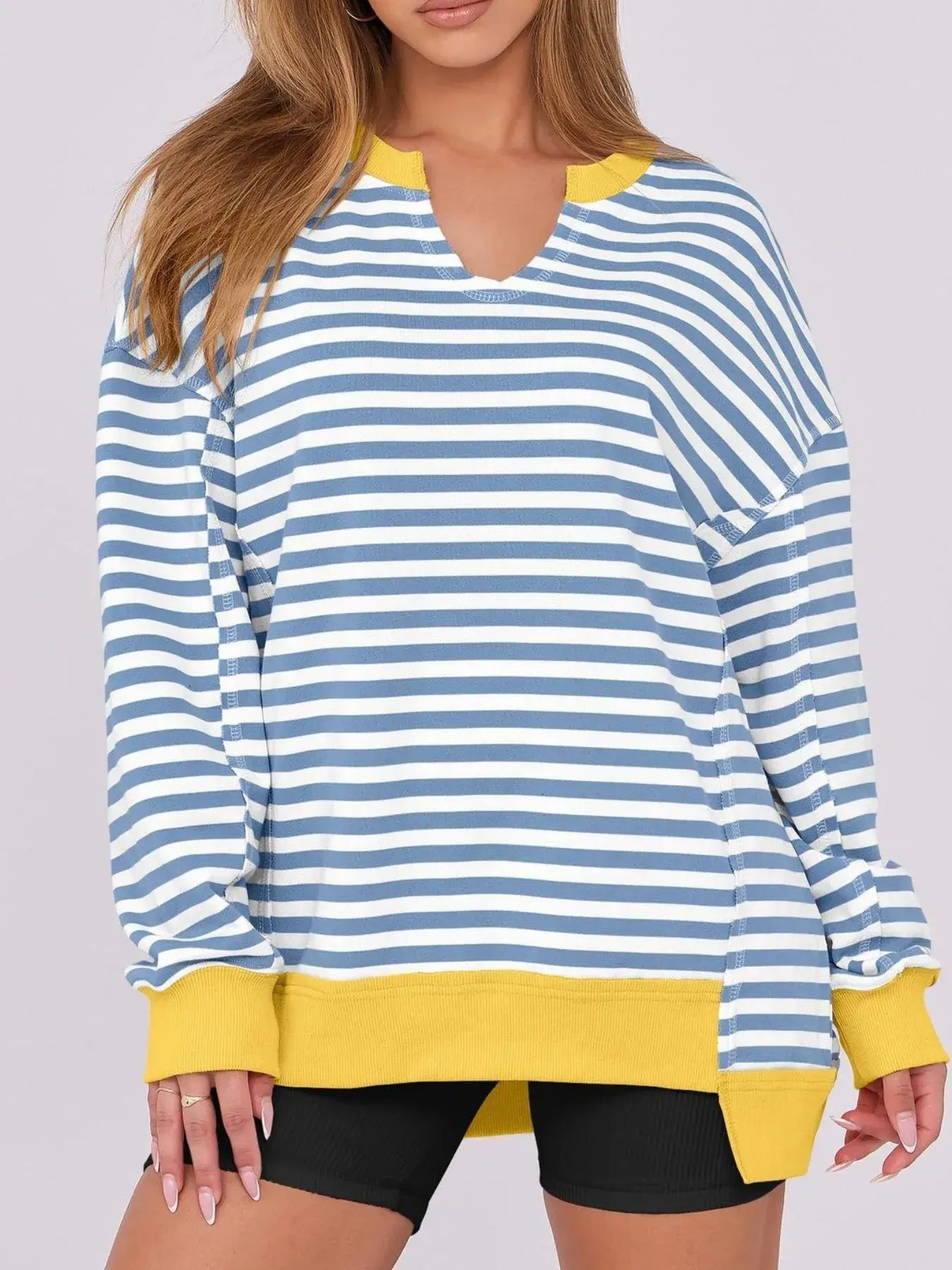 Notched Long Sleeve Oversized Sweatshirt - Trendsi - Flyclothing LLC