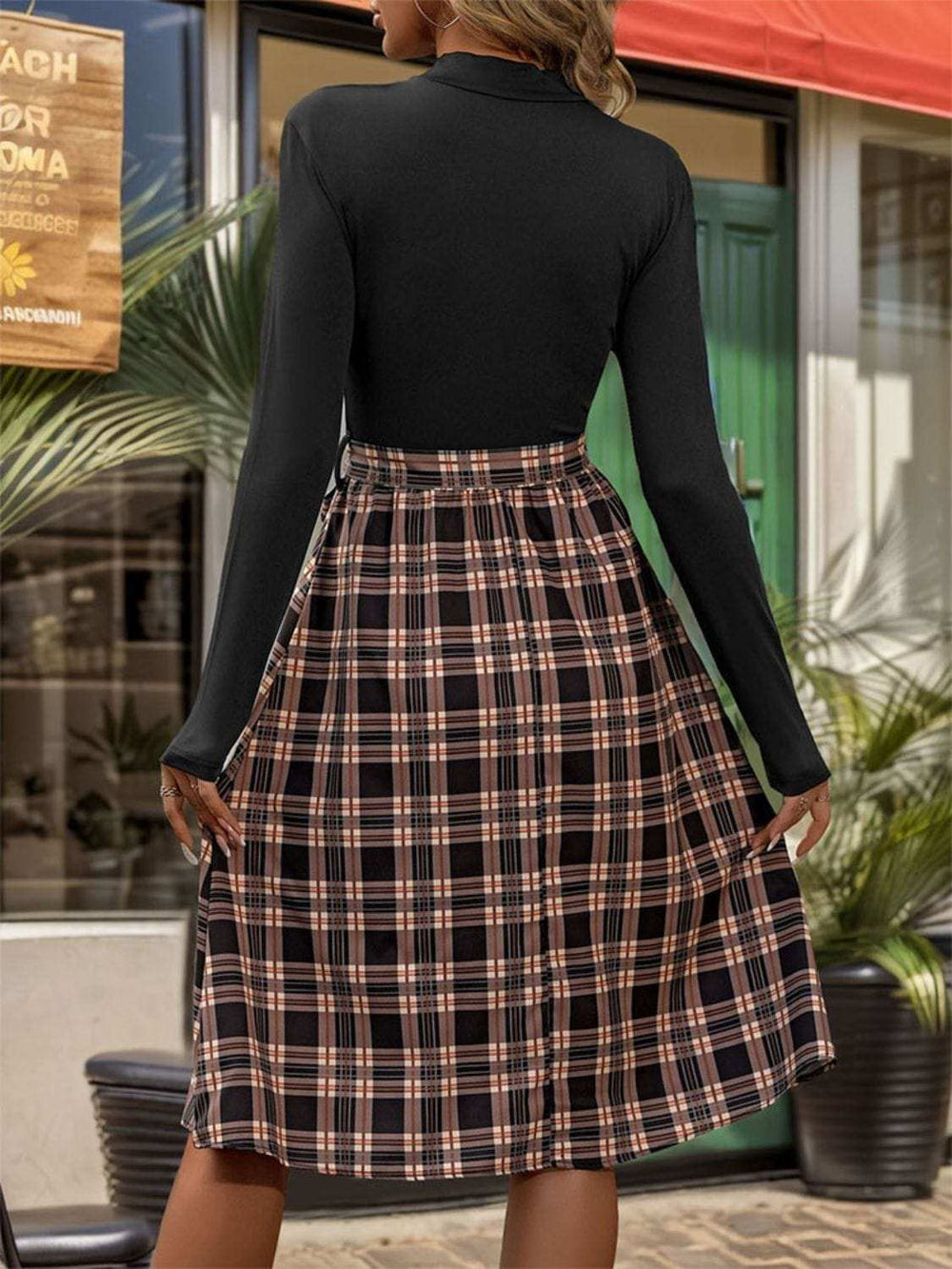 Plaid Mock Neck Long Sleeve Dress - Trendsi - Flyclothing LLC