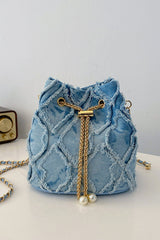 Chain Drawstring Raw Edge Denim Bucket Bag - Trendsi