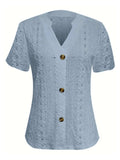 Openwork Notched Short Sleeve Top - Trendsi - Flyclothing LLC