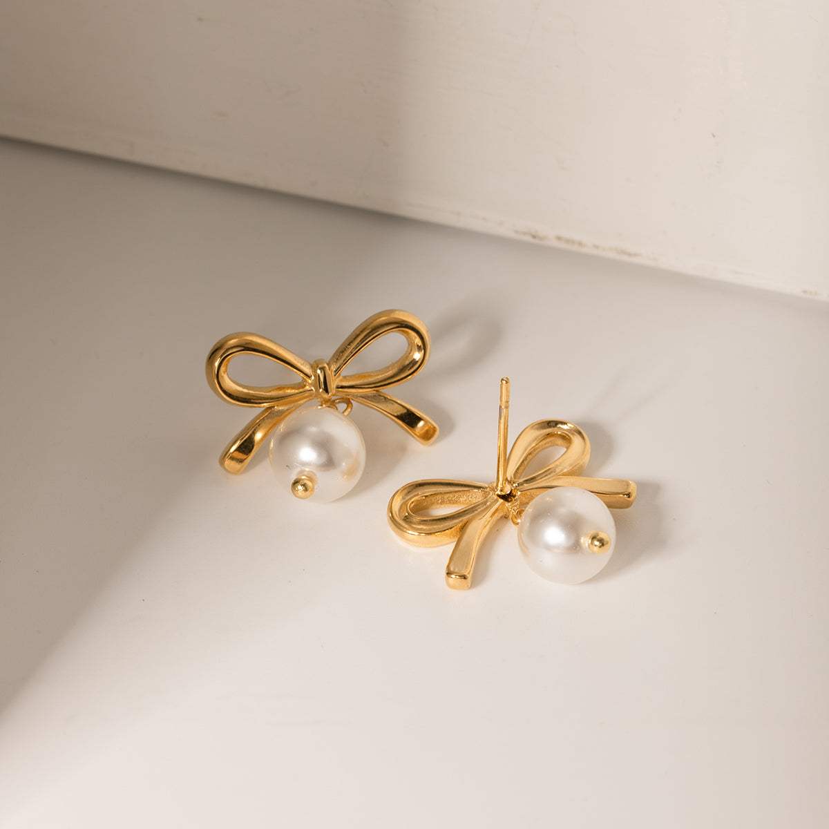 Stainless Steel Bow Pearl Earrings - Trendsi - Flyclothing LLC