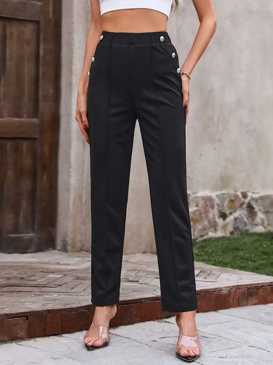 Decorative Button Elastic Waist Pants - Trendsi - Flyclothing LLC