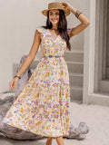 Ruched Printed Cap Sleeve Midi Dress - Trendsi - Flyclothing LLC