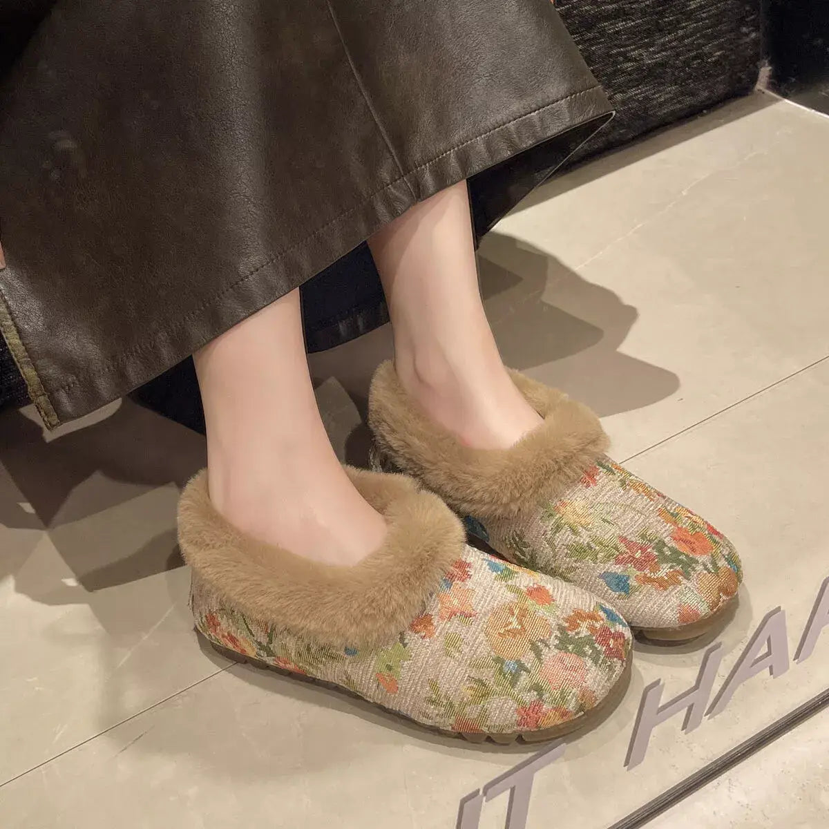 Floral Pattern Plush Lined Slip-Ons - Trendsi - Flyclothing LLC