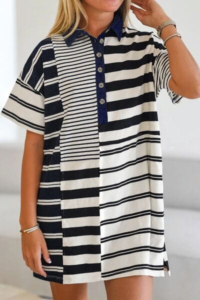 Button Detail Striped Short Sleeve Mini Dress - Trendsi