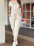Devine Drawstring Waist Short Sleeve Jumpsuit - Trendsi