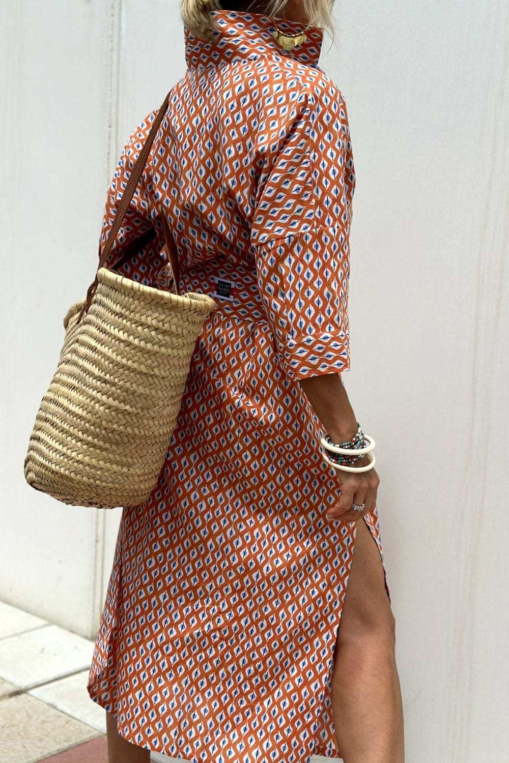 Slit Printed Collared Neck Three-Quarter Sleeve Midi Shirt Dress - Trendsi - Flyclothing LLC
