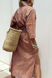 Slit Printed Collared Neck Three-Quarter Sleeve Midi Shirt Dress - Trendsi - Flyclothing LLC