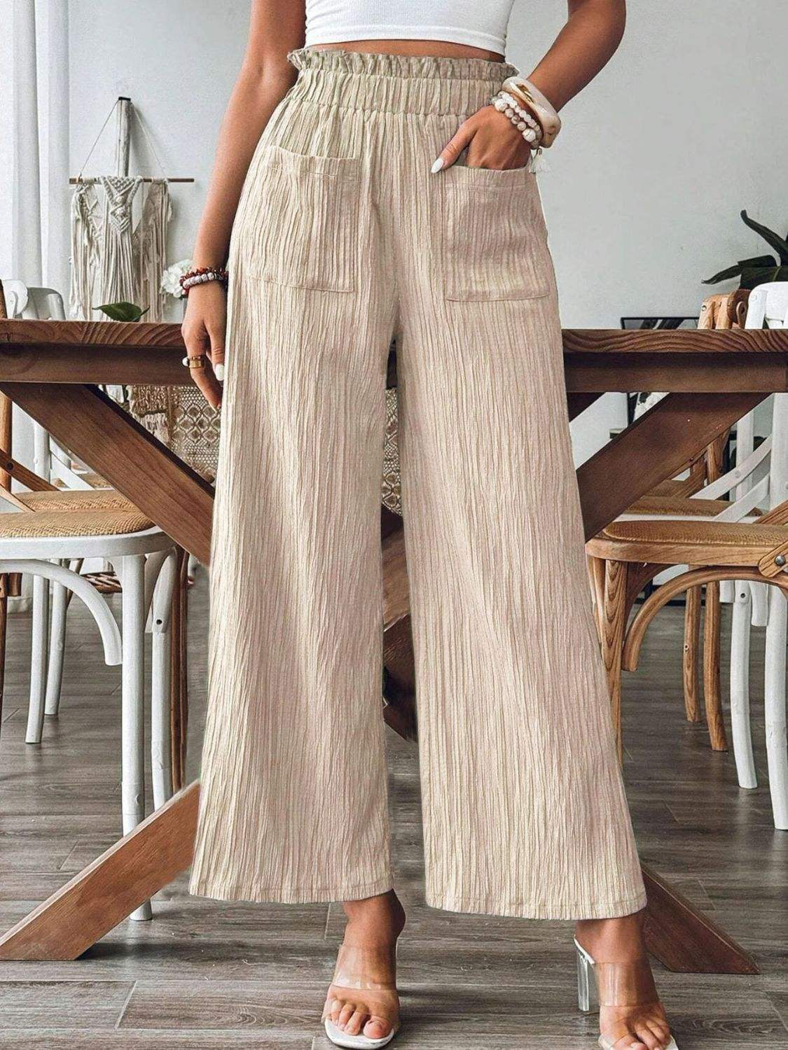 Pocketed Elastic Waist Wide Leg Pants - Trendsi - Flyclothing LLC