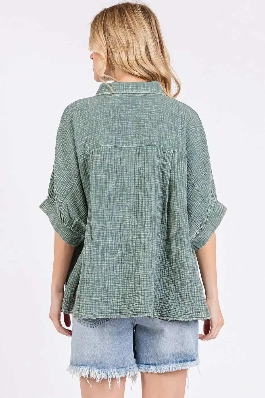 Mittoshop Mineral Wash Gauze Dolman Sleeve Button Down Shirt - Trendsi - Flyclothing LLC